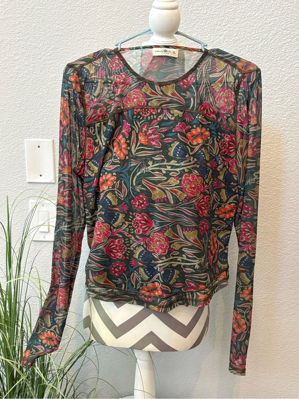 NATURAL LIFE Dark Green Sheer Floral Long-Sleeve Top with Pink & Orange Accents
